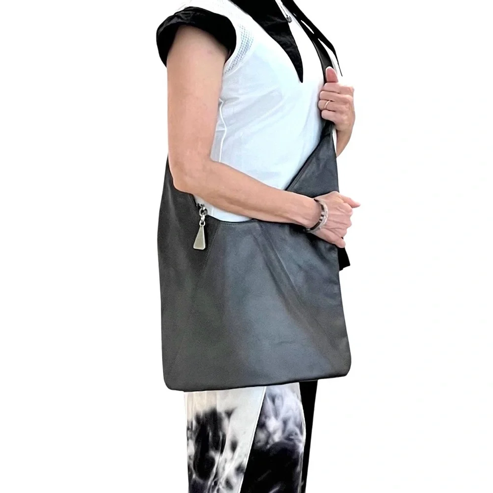 Sharif Leather Hobo Crossbody Bag Pewter Gray Metallic Slouch Shoulder Purse